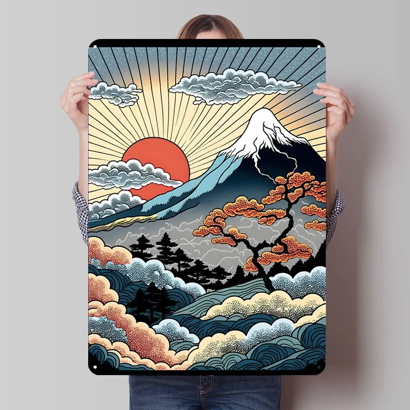 Retro Gaming At Home - Affiche Métallique Rétro Fuji Sunrise, Décoration